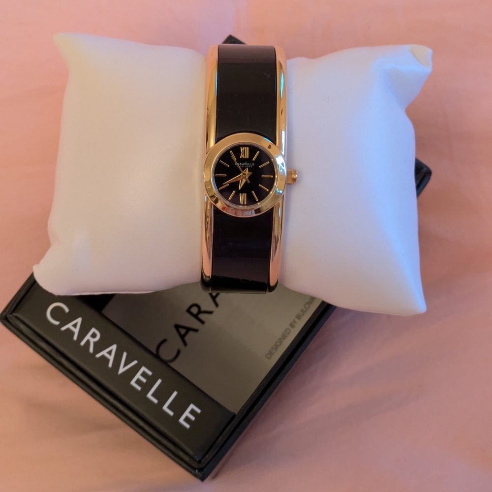 Bulova Caravelle Black and Gold Women's Bangle Bracelet Watch